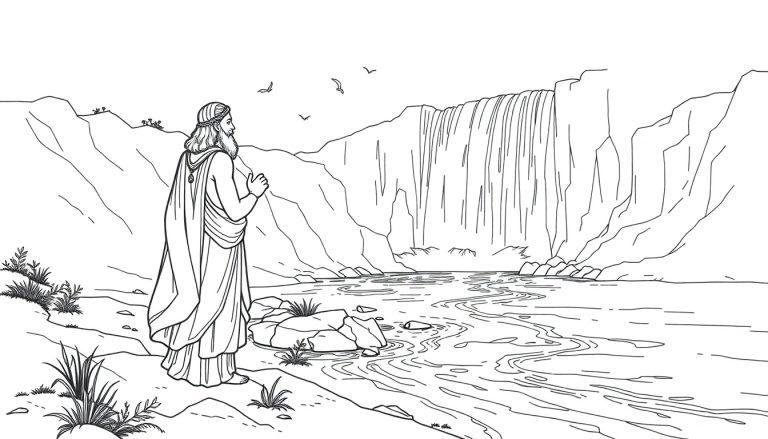 Kleurplaat met een persoon in een lang gewaad die bij een stromende rivier en waterval staat, omgeven door hoge rotsen, planten en vogels in de lucht.