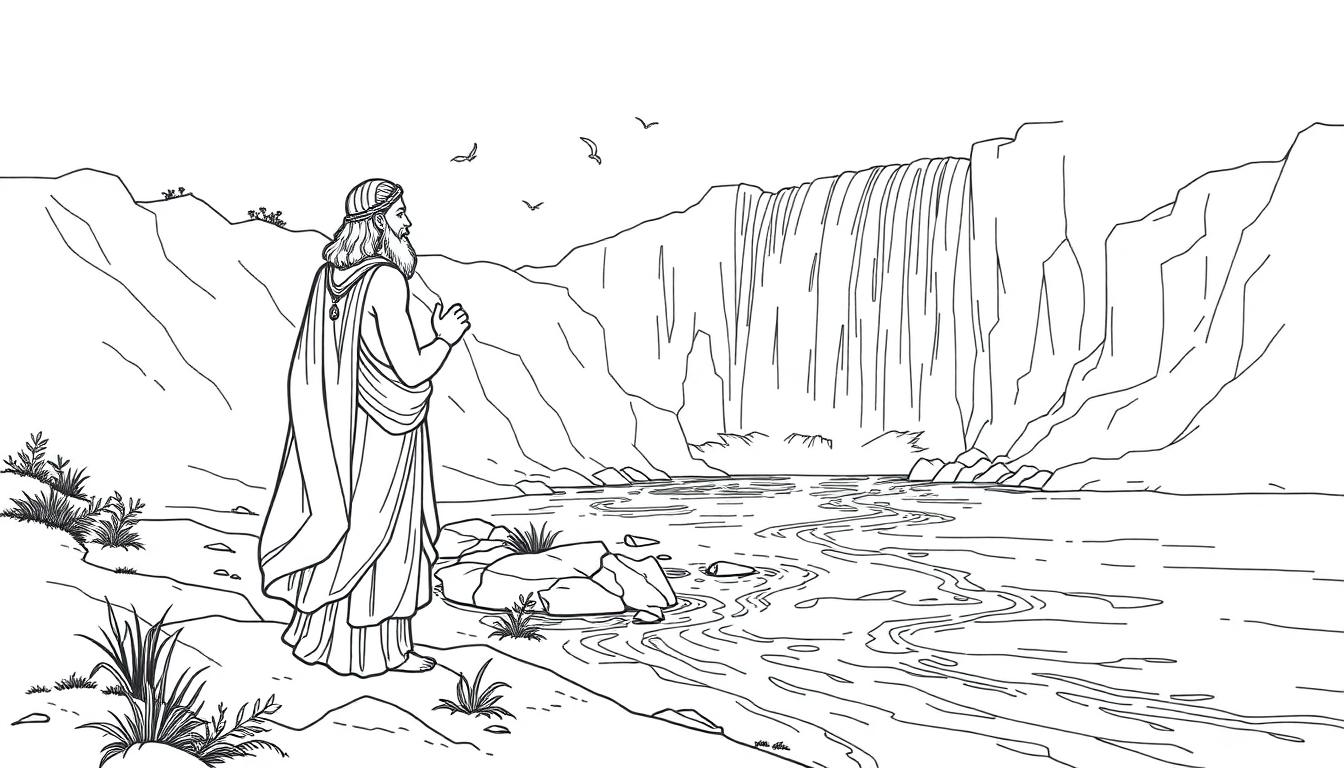 Kleurplaat met een persoon in een lang gewaad die bij een stromende rivier en waterval staat, omgeven door hoge rotsen, planten en vogels in de lucht.