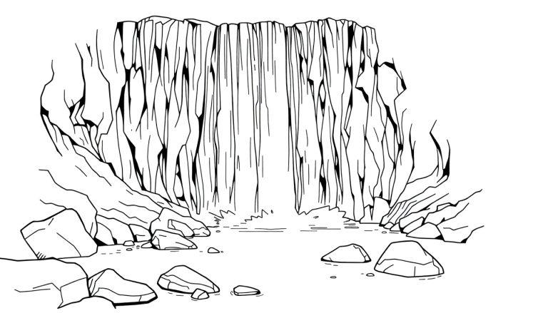 Kleurplaat van een waterval met rotsblokken en steile wanden.