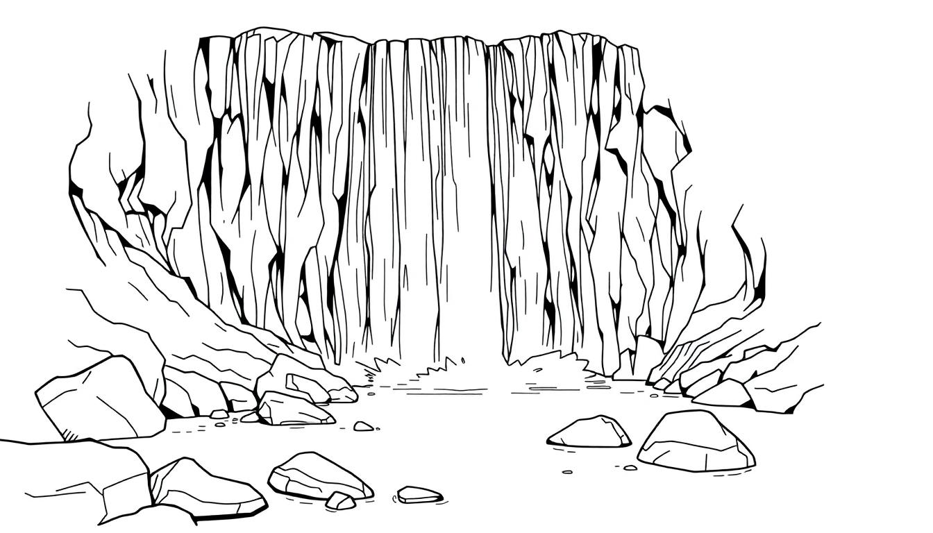 Kleurplaat van een waterval met rotsblokken en steile wanden.