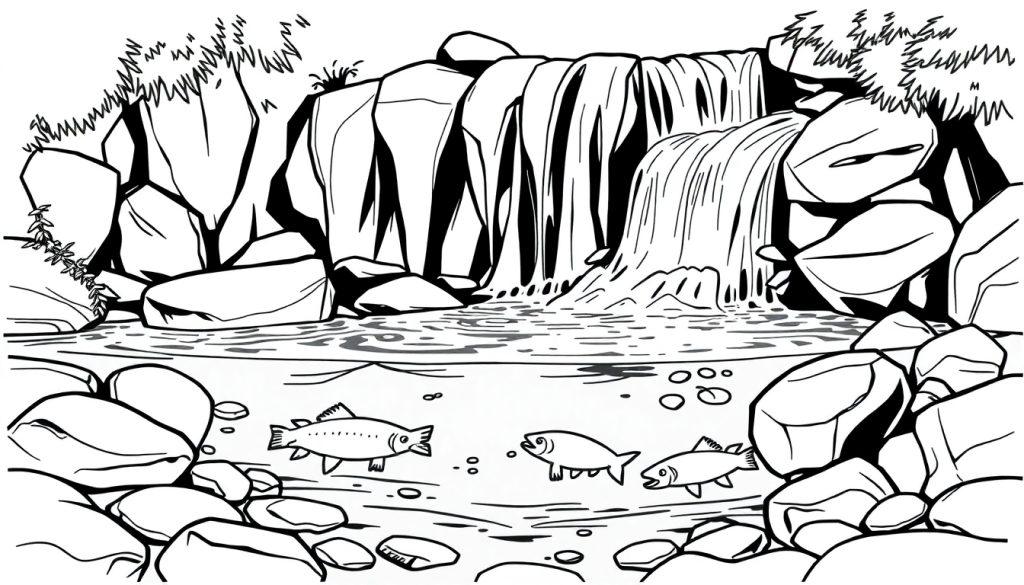 Kleurplaat met een waterval, vissen in het water, stenen en gras op de rotsen.