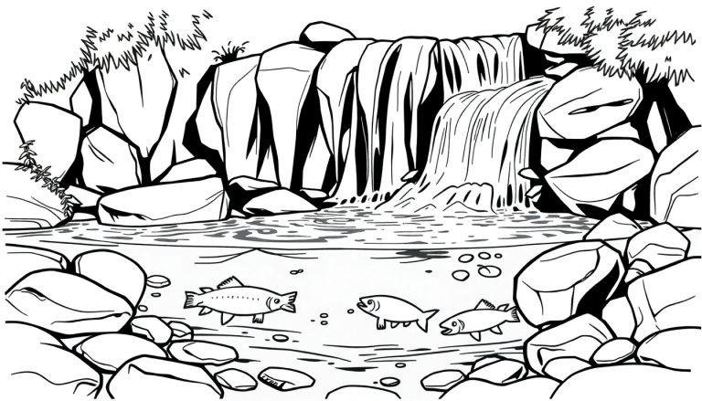 Kleurplaat met een waterval, vissen in het water, stenen en gras op de rotsen.