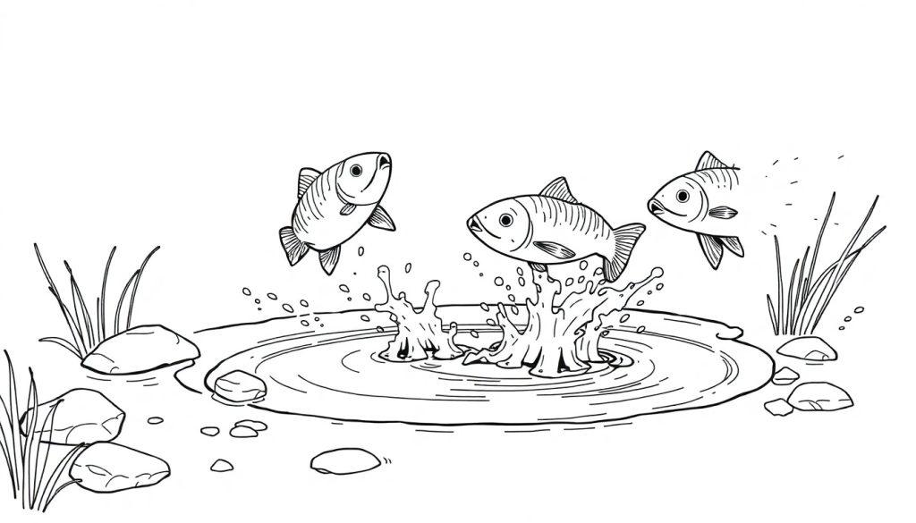 Kleurplaat van drie springende vissen in een plas met stenen en gras, een speels natuurtafereel.