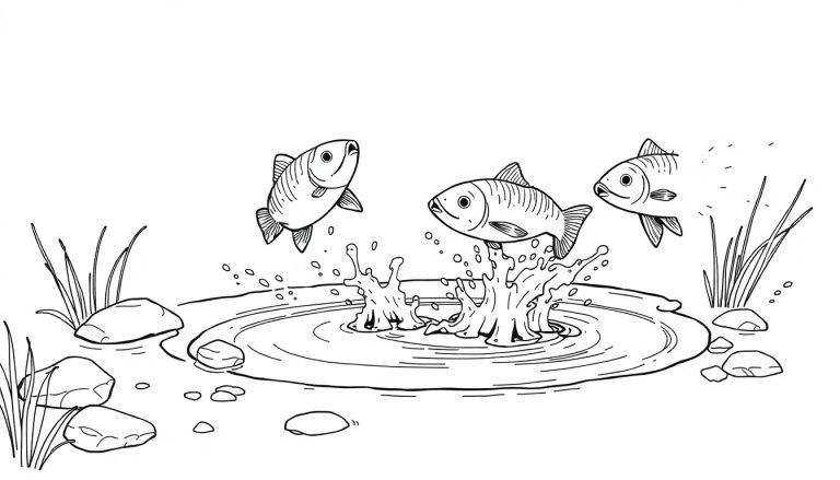 Kleurplaat van drie springende vissen in een plas met stenen en gras, een speels natuurtafereel.