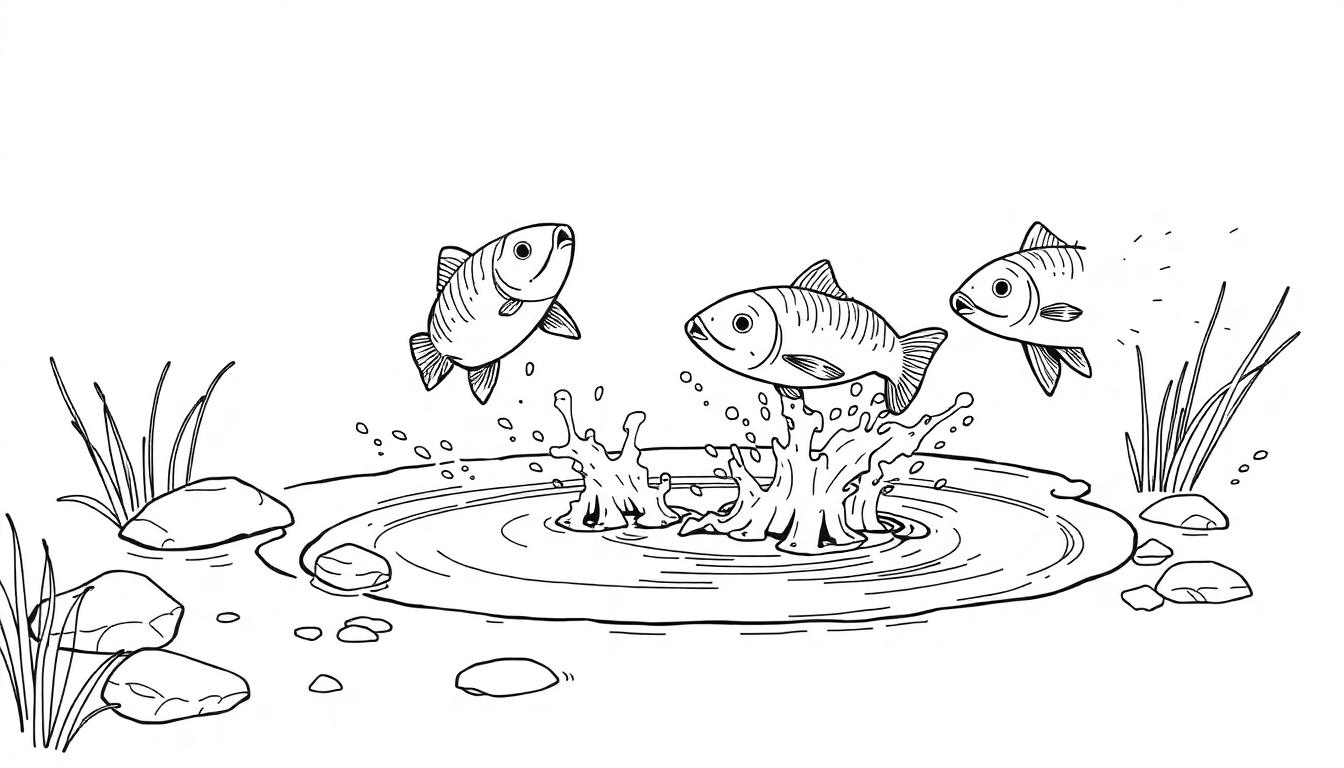 Kleurplaat van drie springende vissen in een plas met stenen en gras, een speels natuurtafereel.