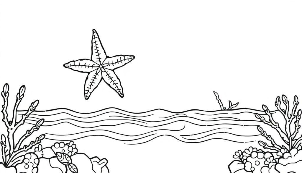 Een minimalistische kleurplaat van een onderwaterwereld met een grote zeester, koraal, planten en golvende lijnen die water voorstellen.