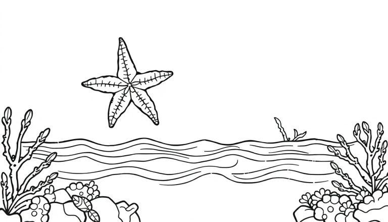 Een minimalistische kleurplaat van een onderwaterwereld met een grote zeester, koraal, planten en golvende lijnen die water voorstellen.