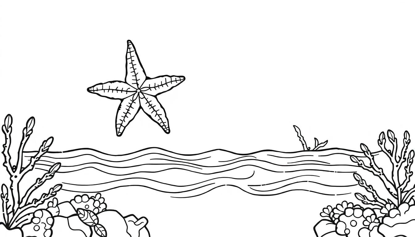 Een minimalistische kleurplaat van een onderwaterwereld met een grote zeester, koraal, planten en golvende lijnen die water voorstellen.