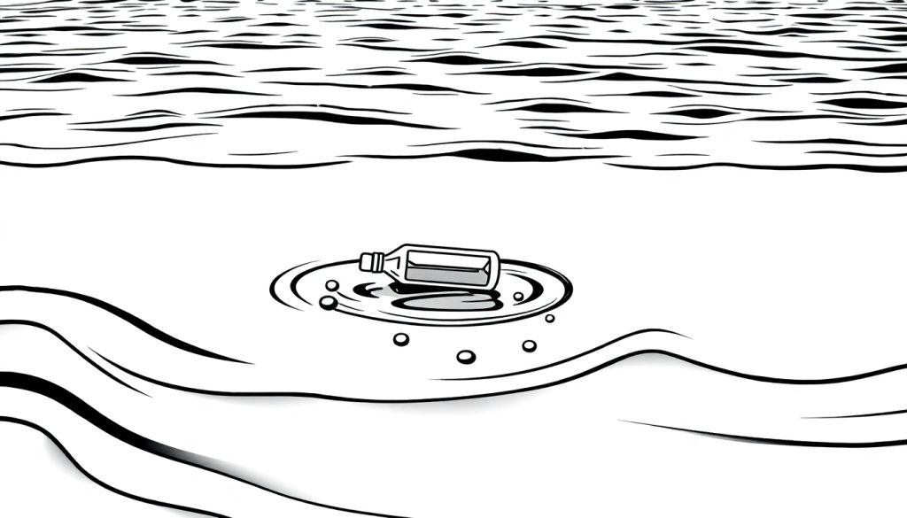 Zwart-wit kleurplaat van een fles die drijft in golvend water.