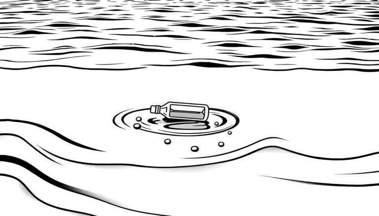 Zwart-wit kleurplaat van een fles die drijft in golvend water.