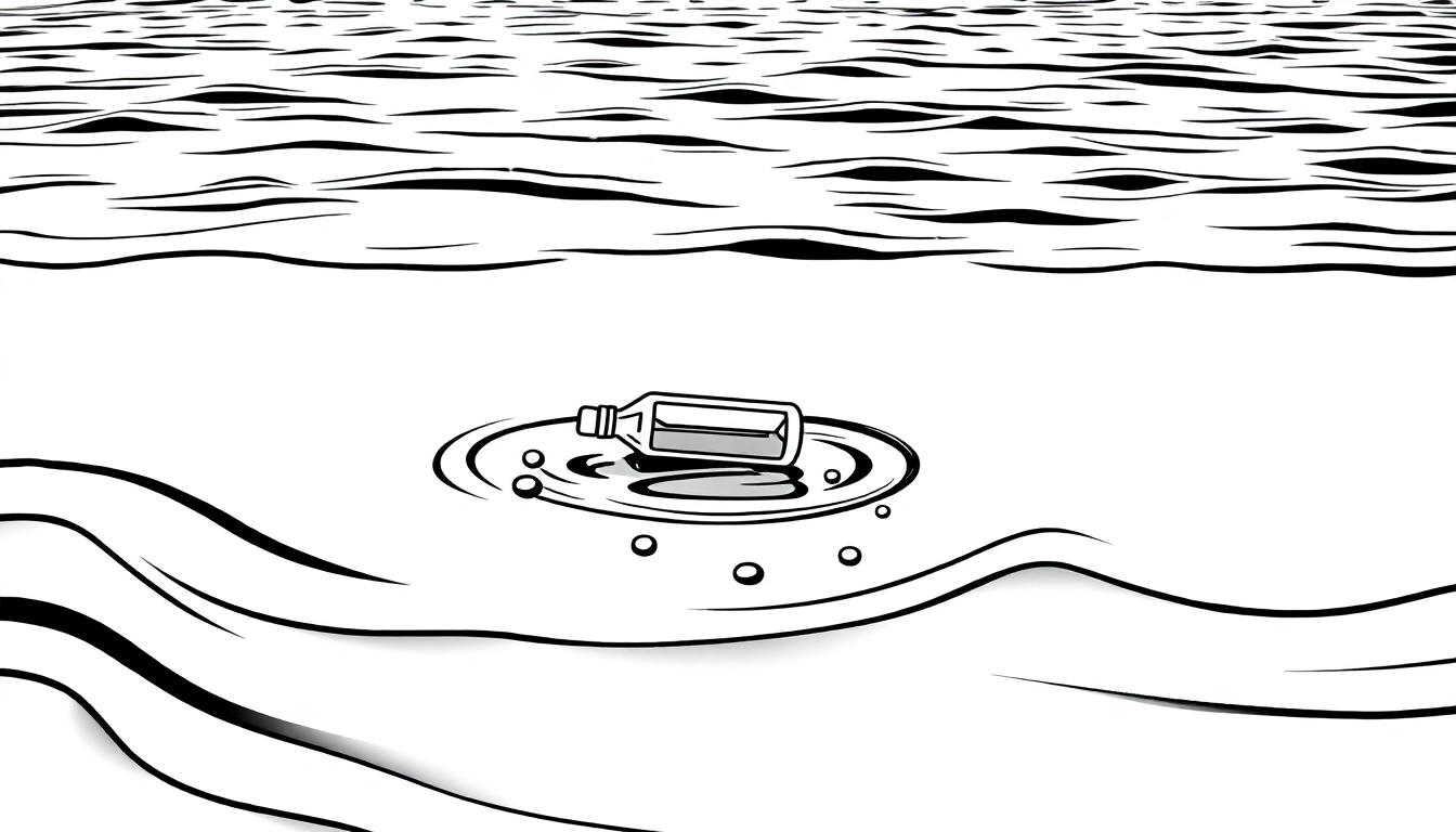 Zwart-wit kleurplaat van een fles die drijft in golvend water.