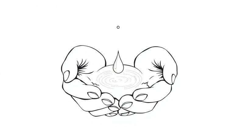 Een kleurplaat van twee handen die een klein beetje water vasthouden met een vallende druppel.