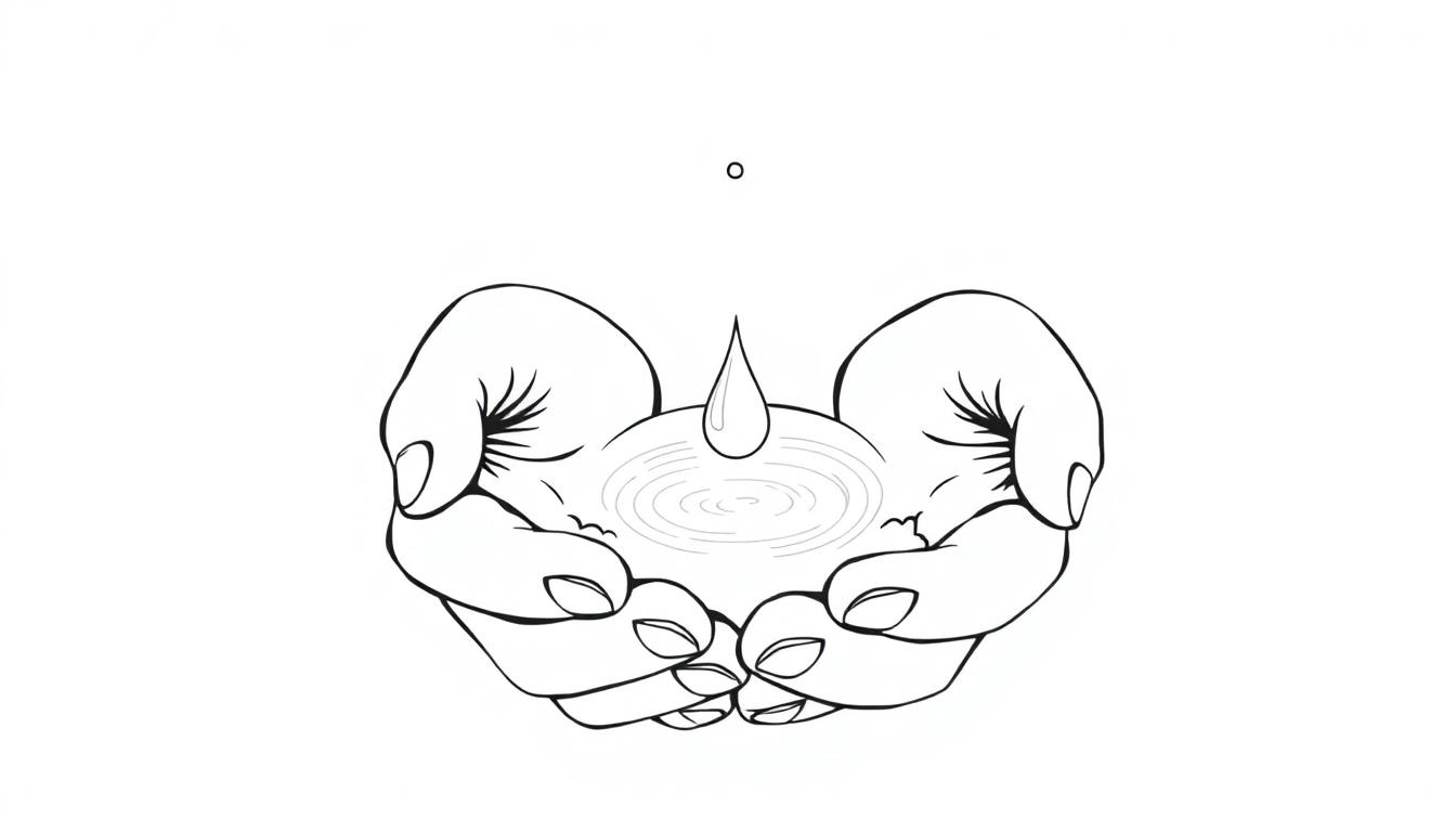 Een kleurplaat van twee handen die een klein beetje water vasthouden met een vallende druppel.