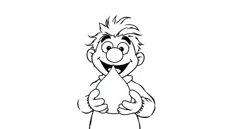 Kleurplaat van klaspop Jules met een druppelvormig object in zijn handen.