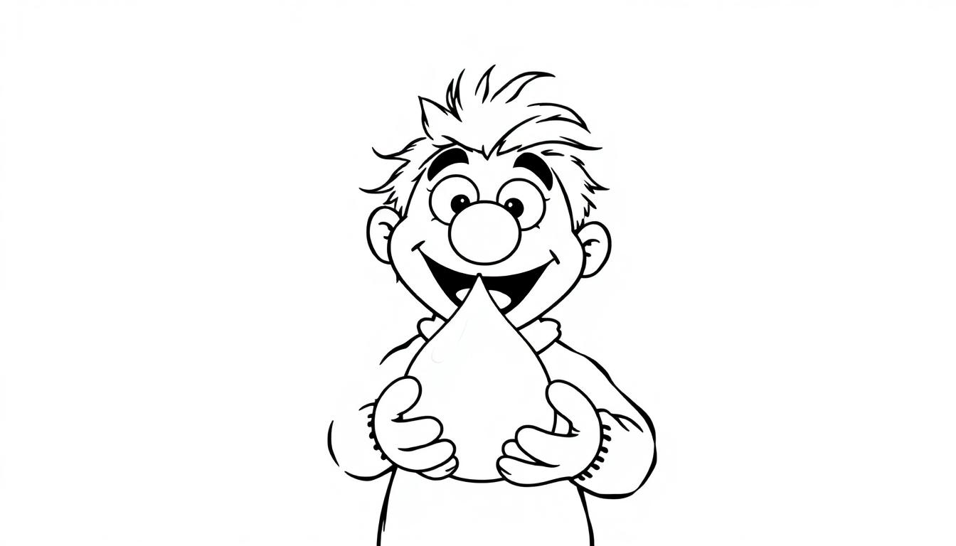 Kleurplaat van klaspop Jules met een druppelvormig object in zijn handen.