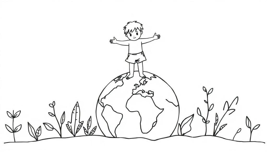 Zwart-wit kleurplaat van een kind dat met uitgestrekte armen bovenop een wereldbol staat, omringd door planten en bladeren.