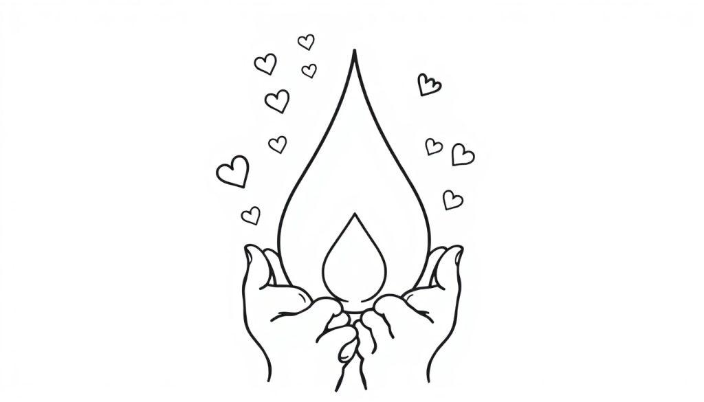 Een kleurplaat van twee handen die een vlam vasthouden. Rondom de vlam zweven kleine hartjes.