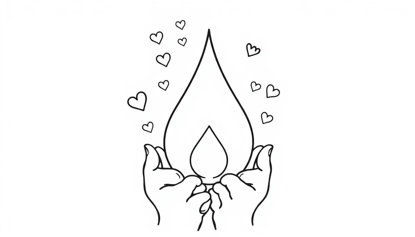 Een kleurplaat van twee handen die een vlam vasthouden. Rondom de vlam zweven kleine hartjes.