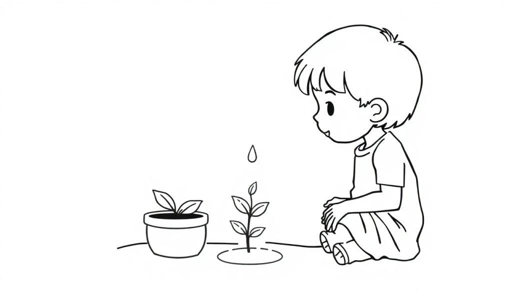 Kleurplaat van een kind dat naar een plantje kijkt en een druppeltje water dat erop valt.