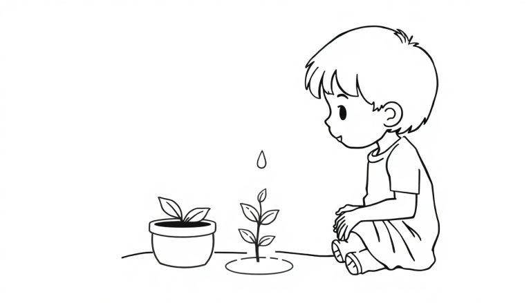 Kleurplaat van een kind dat naar een plantje kijkt en een druppeltje water dat erop valt.