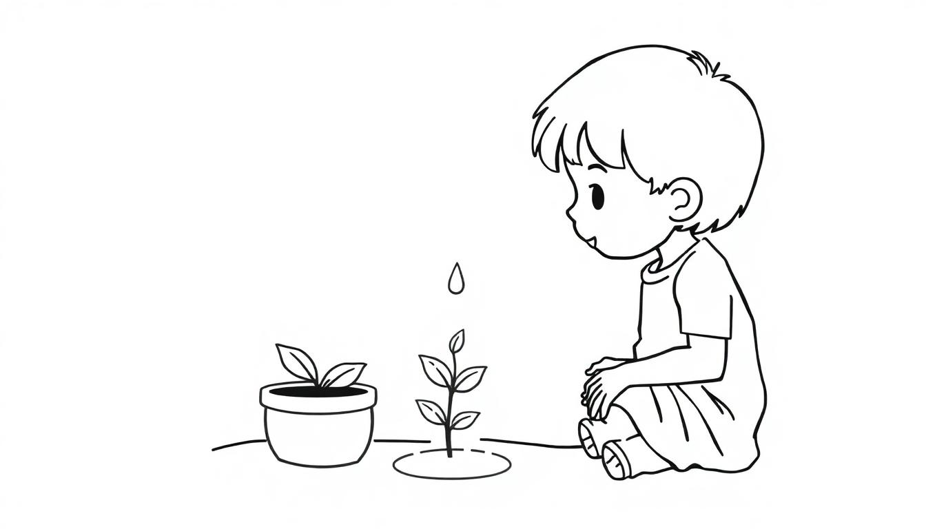 Kleurplaat van een kind dat naar een plantje kijkt en een druppeltje water dat erop valt.