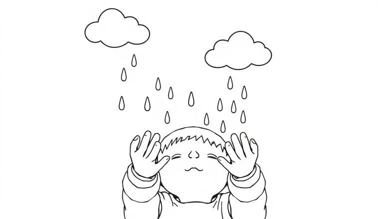 Kleurplaat van een kind dat met gesloten ogen en opgetilde handen staat onder regendruppels.