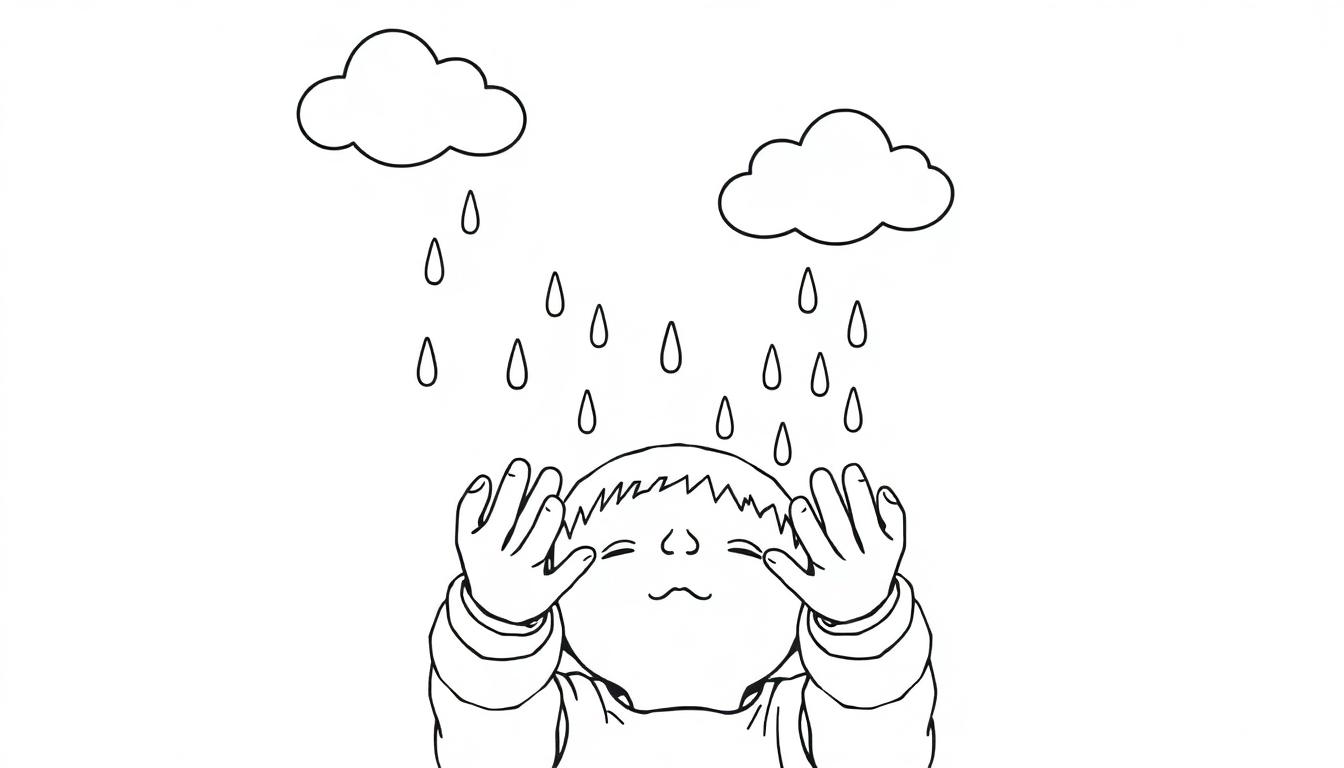 Kleurplaat van een kind dat met gesloten ogen en opgetilde handen staat onder regendruppels.