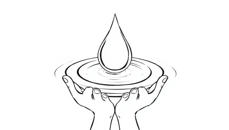 Kleurplaat van twee handen die een kom met water en rimpelingen vasthouden.