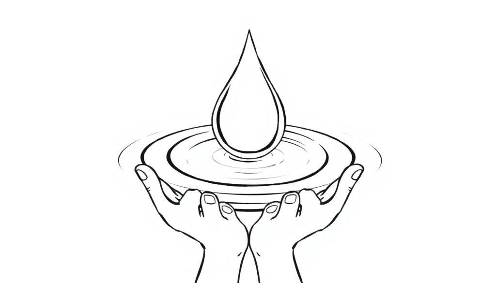 Kleurplaat van twee handen die een kom met een vallende waterdruppel en rimpelingen vasthouden.