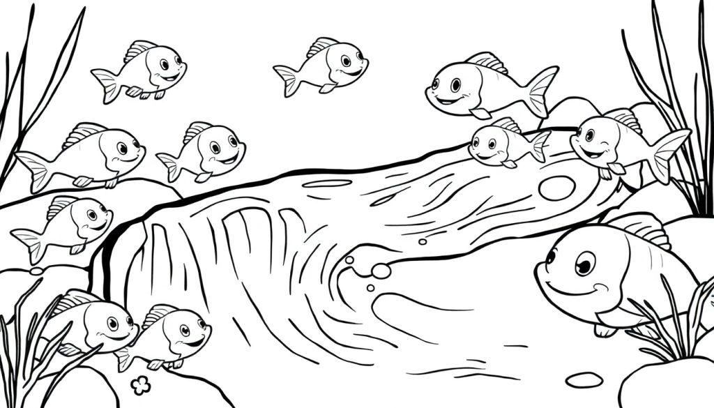 Eenvoudige zwart-witte kleurplaat van blije visjes in een onderwaterwereld vol planten en rotsen.