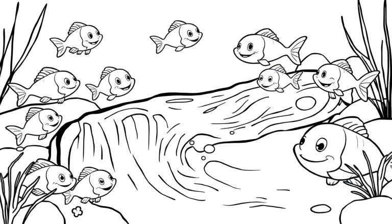 Eenvoudige zwart-witte kleurplaat van blije visjes in een onderwaterwereld vol planten en rotsen.