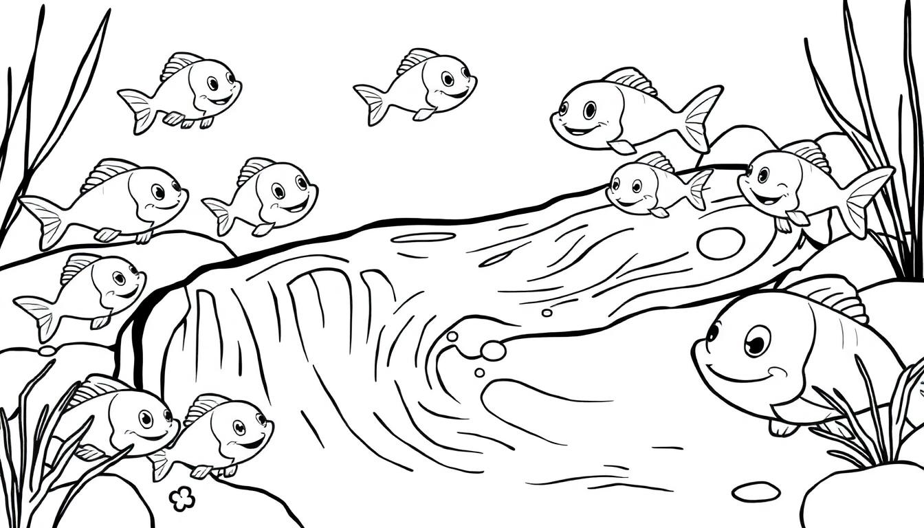 Eenvoudige zwart-witte kleurplaat van blije visjes in een onderwaterwereld vol planten en rotsen.