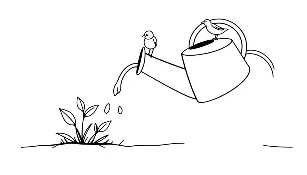 Kleurplaat van een gieter waar water uitstroomt naar een plant, met vogels op de gieter en zaadjes die vallen.