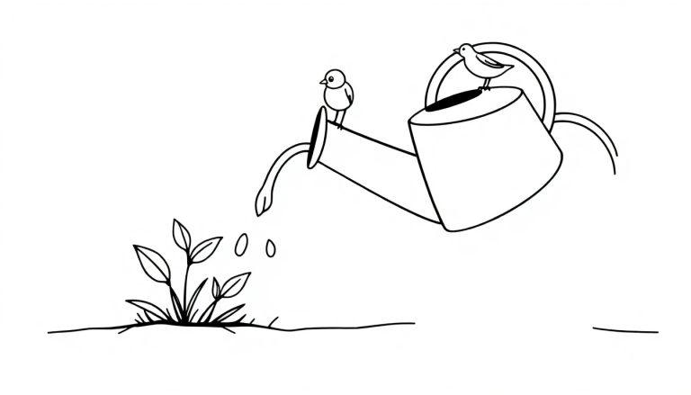 Kleurplaat van een gieter waar water uitstroomt naar een plant, met vogels op de gieter en zaadjes die vallen.