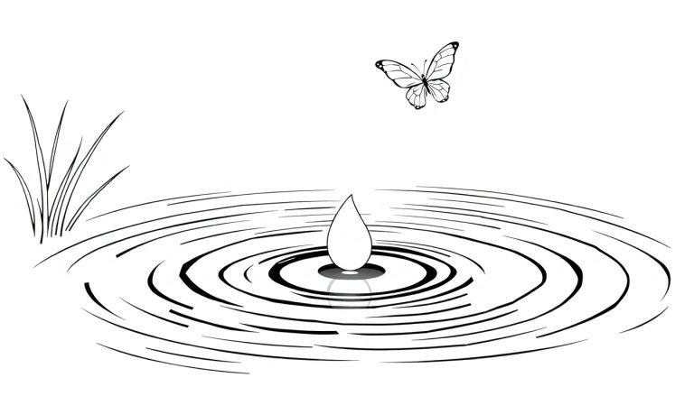 Een eenvoudige kleurplaat met een druppel die in het water valt, een vlinder in de lucht en gras aan de zijkant.