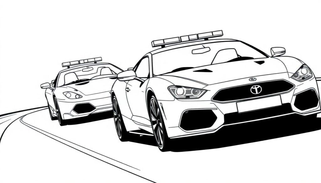 Kleurplaat van twee politie racewagens op een bochtige weg.