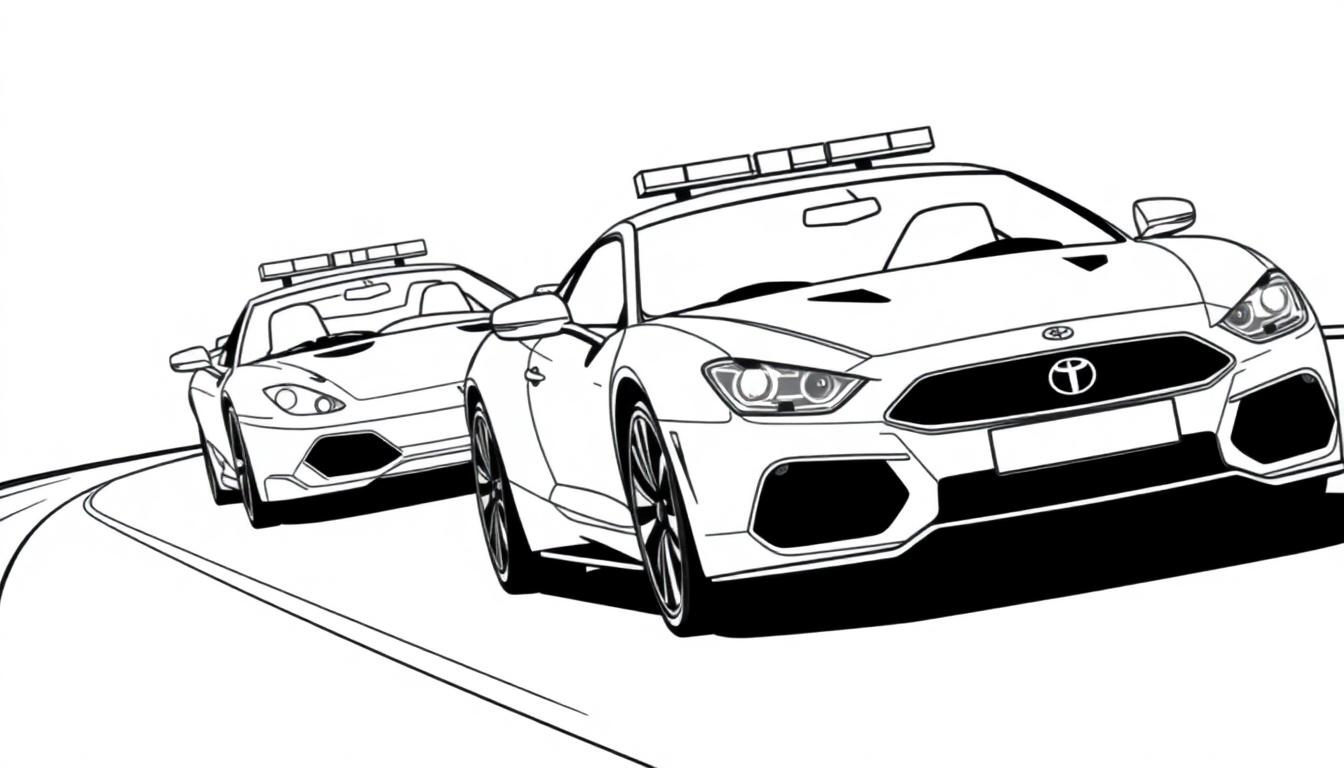 Kleurplaat van twee politie racewagens op een bochtige weg.