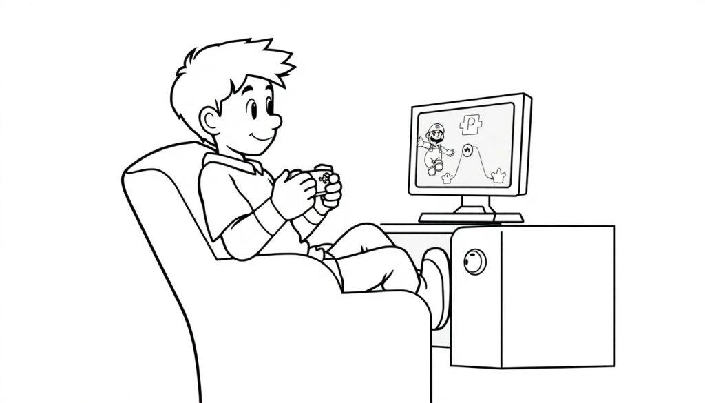 Kleurplaat van een jongen die ontspannen in een stoel zit en videogames speelt op een scherm.