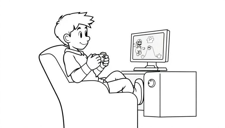 Kleurplaat van een jongen die ontspannen in een stoel zit en videogames speelt op een scherm.