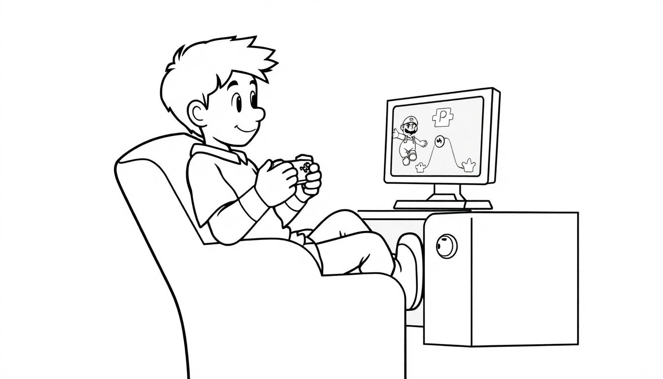 Kleurplaat van een jongen die ontspannen in een stoel zit en videogames speelt op een scherm.