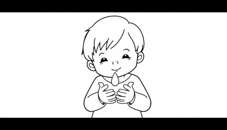 Kleurplaat van een lachend kind dat een waterdruppel vasthoudt, minimalistische tekening.