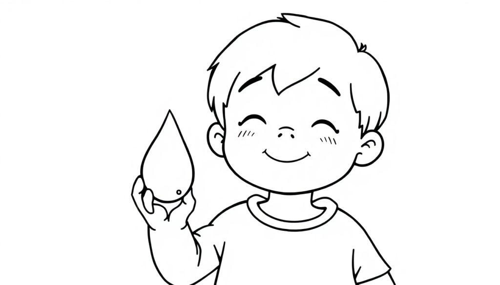 Kleurplaat van een lachend kind met een waterdruppel in zijn hand.