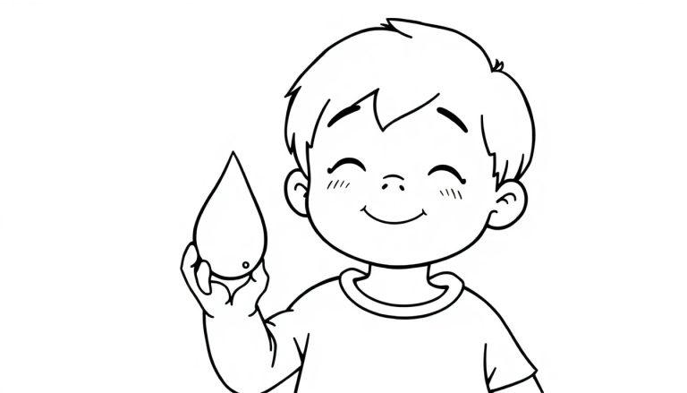 Kleurplaat van een lachend kind met een waterdruppel in zijn hand.
