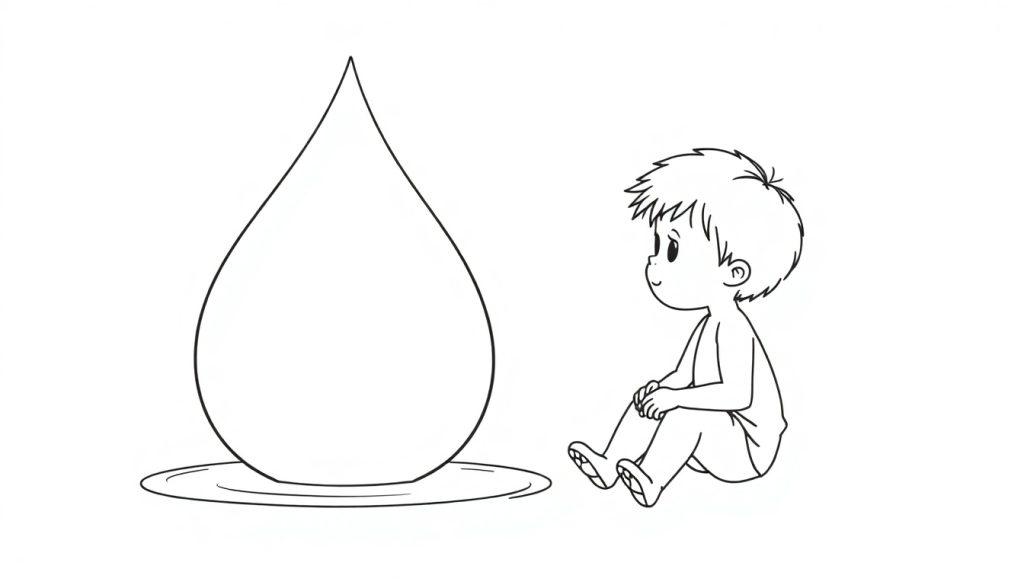 Kleurplaat van een jongen die nieuwsgierig naar een grote waterdruppel kijkt.