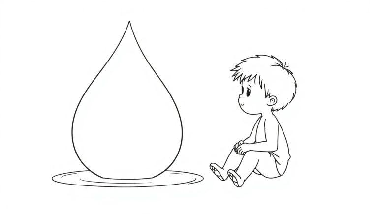 Kleurplaat van een jongen die nieuwsgierig naar een grote waterdruppel kijkt.