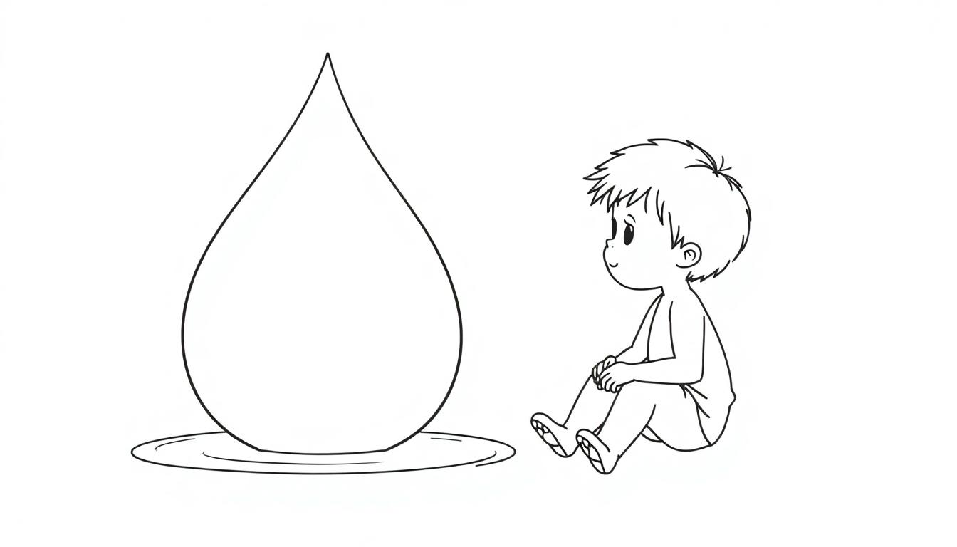 Kleurplaat van een jongen die nieuwsgierig naar een grote waterdruppel kijkt.