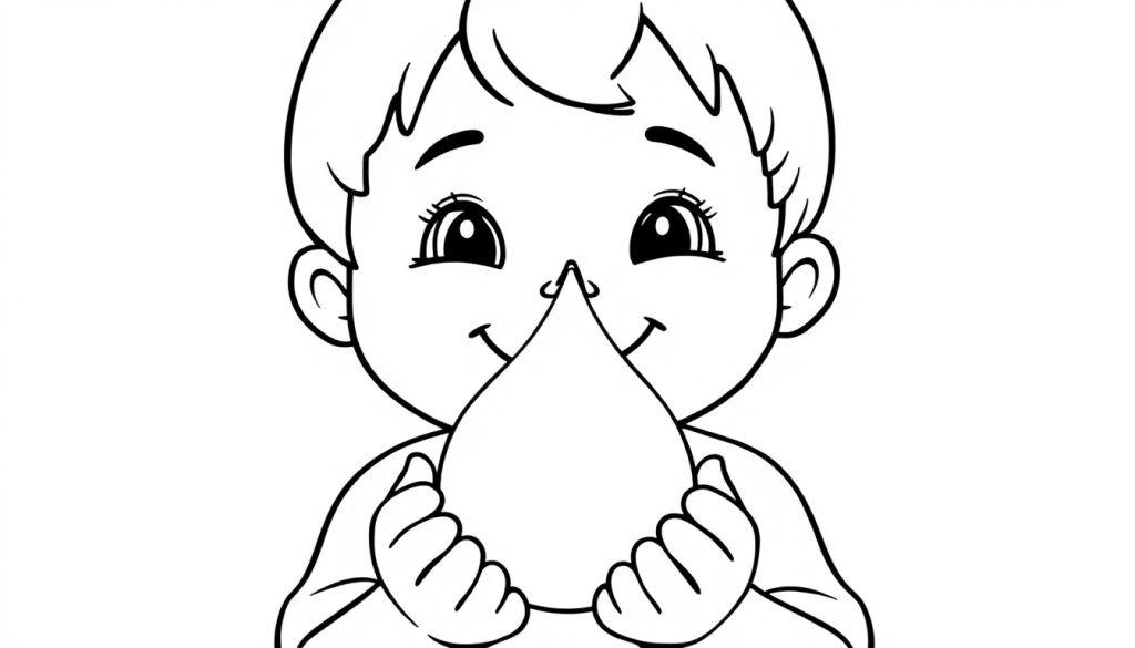 Kleurplaat van een lachend kind dat een grote waterdruppel vasthoudt.