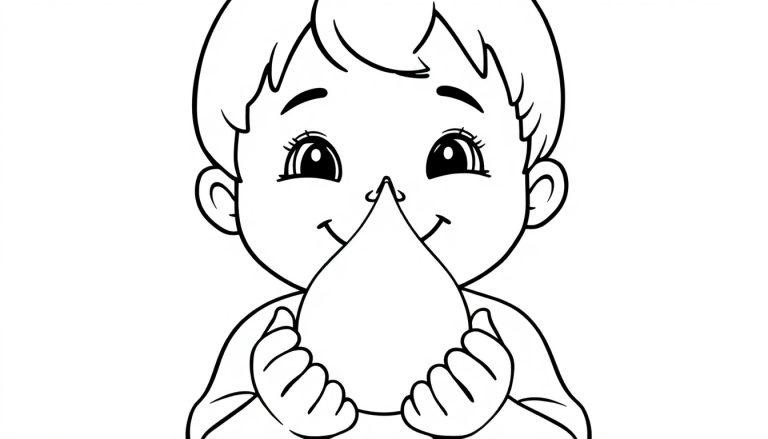 Kleurplaat van een lachend kind dat een grote waterdruppel vasthoudt.