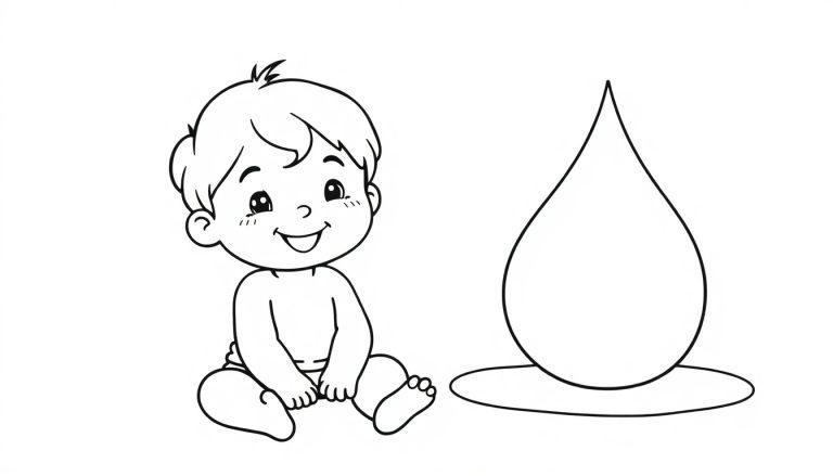 Een kleurplaat met een lachende baby die op de grond zit naast een grote waterdruppel.