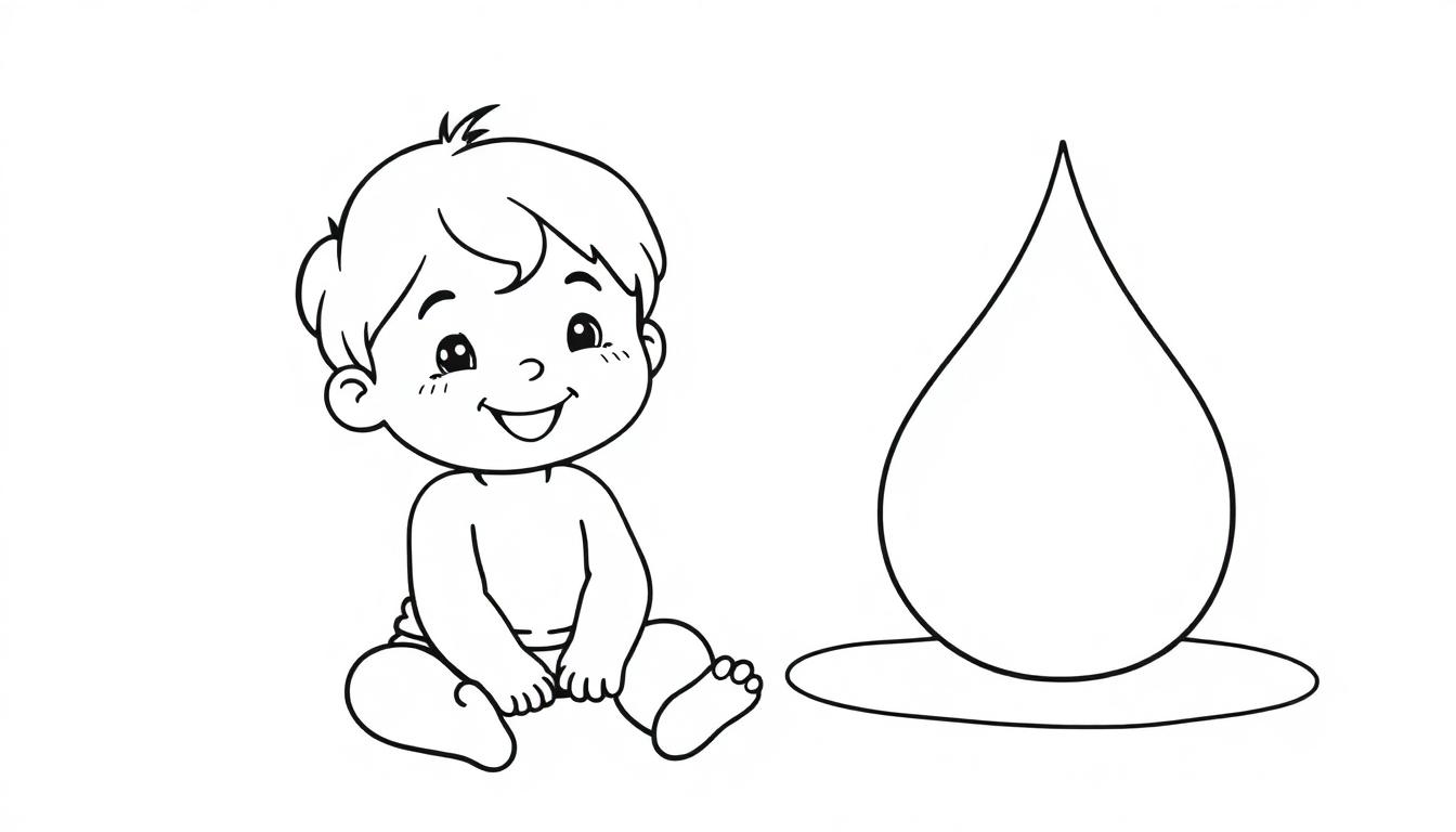 Een kleurplaat met een lachende baby die op de grond zit naast een grote waterdruppel.